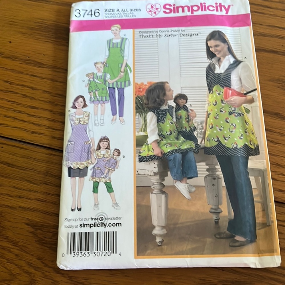 Simplicity 3746 apron sewing pattern for adult child and 18” doll uncut